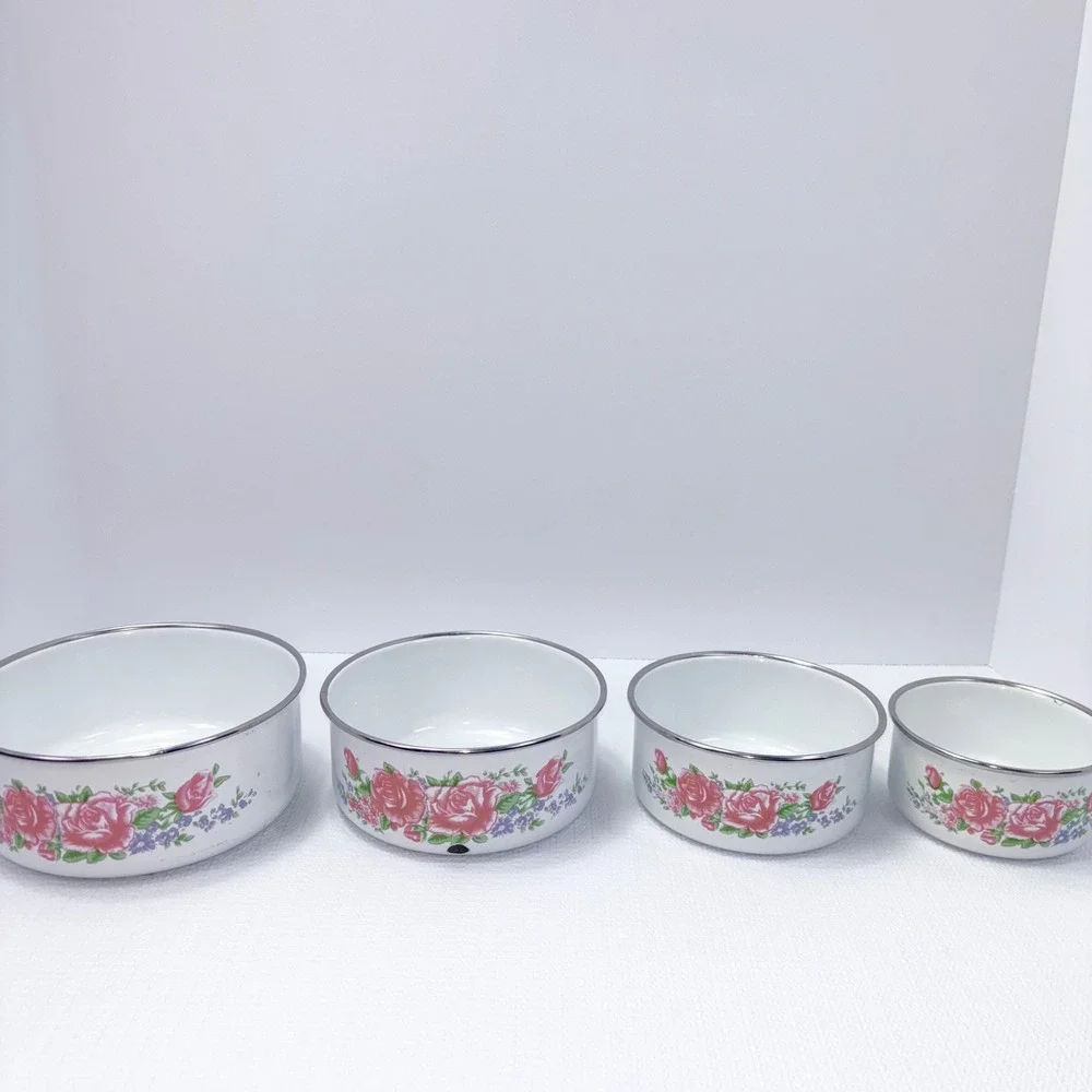 Vintage Nesting Bowls Floral Rose Enamel Metal Set 4 White Pink Cottagecore